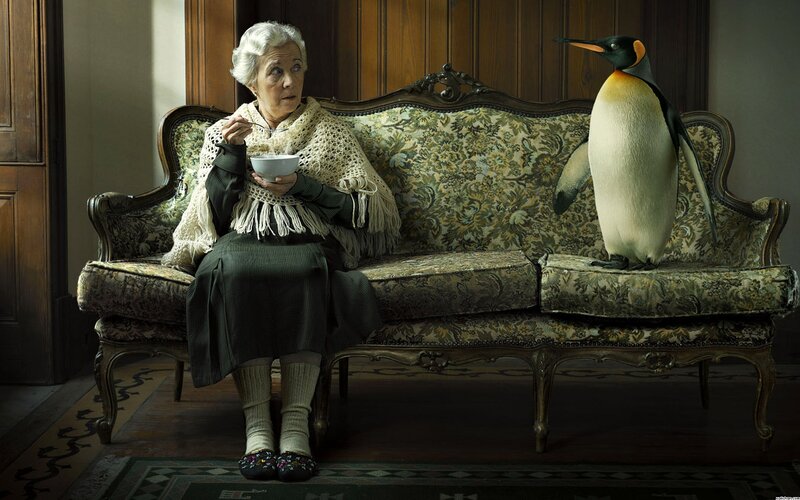 Elderly Woman with Penguin — Green, Dramatic