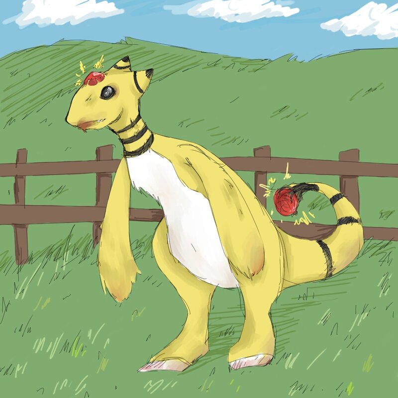 Electric dinosaur in a field