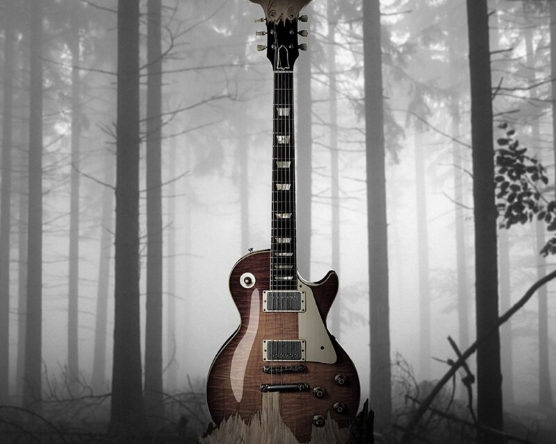 Electric guitar in a foggy forest