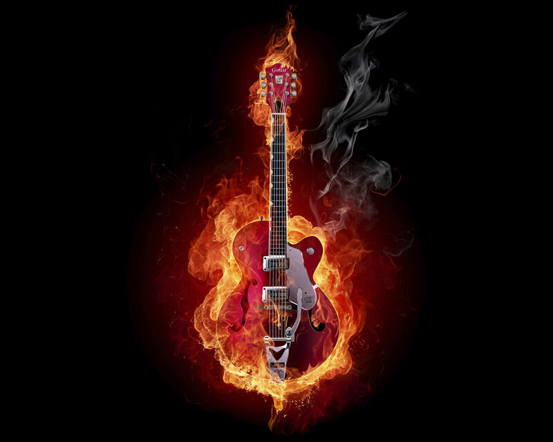 Electric Guitar in Flames — Black, Dramatic, Digital Art, Smoke, Red, Orange