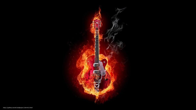 Electric Guitar on Fire — Black, Dramatic, Digital Art, Flames, Smoke