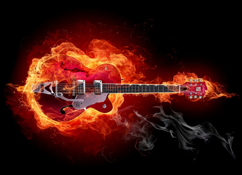 Electric Guitar on Fire — Red, Dramatic, Digital Art, Flames