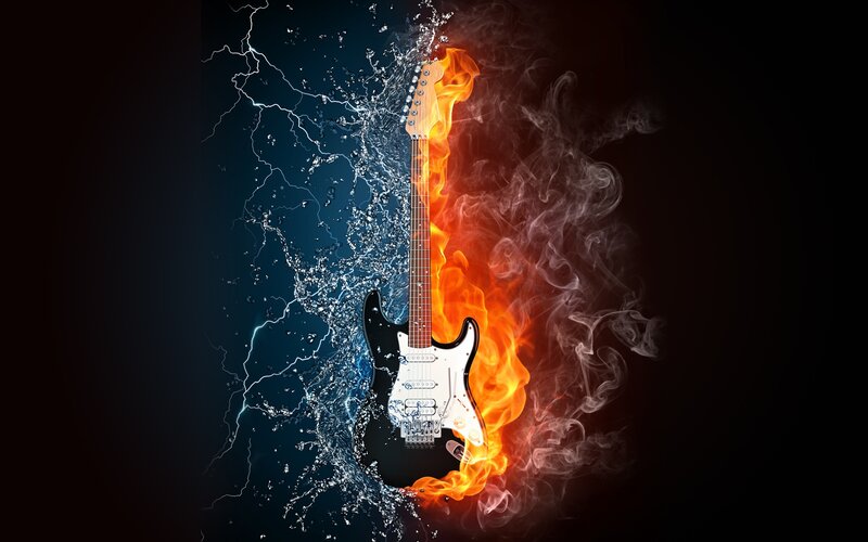 Electric guitar with fire and water