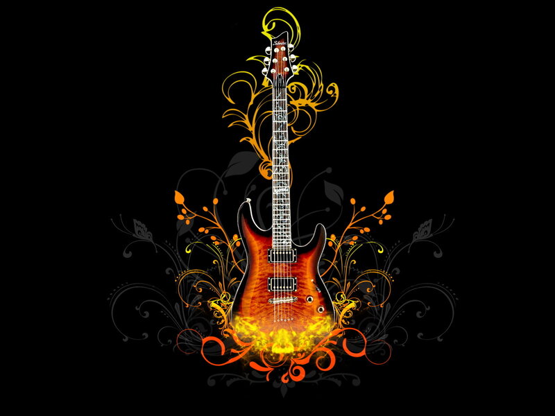 Electric Guitar with Flames — Black, Dramatic, Digital Art