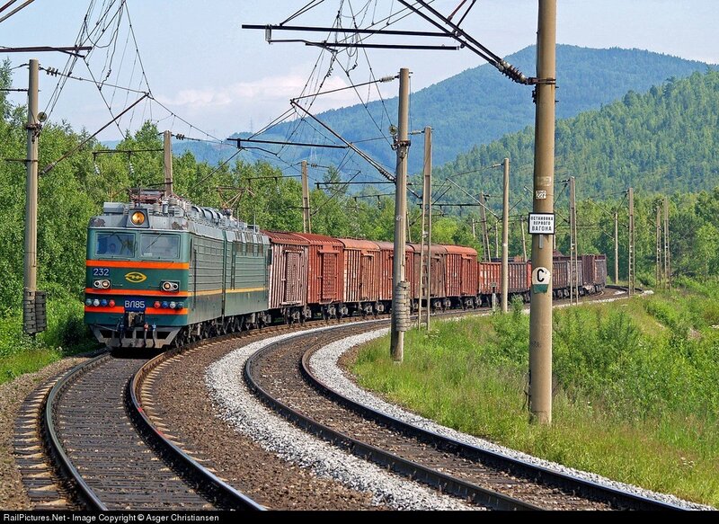 Electric locomotive pulling freight train