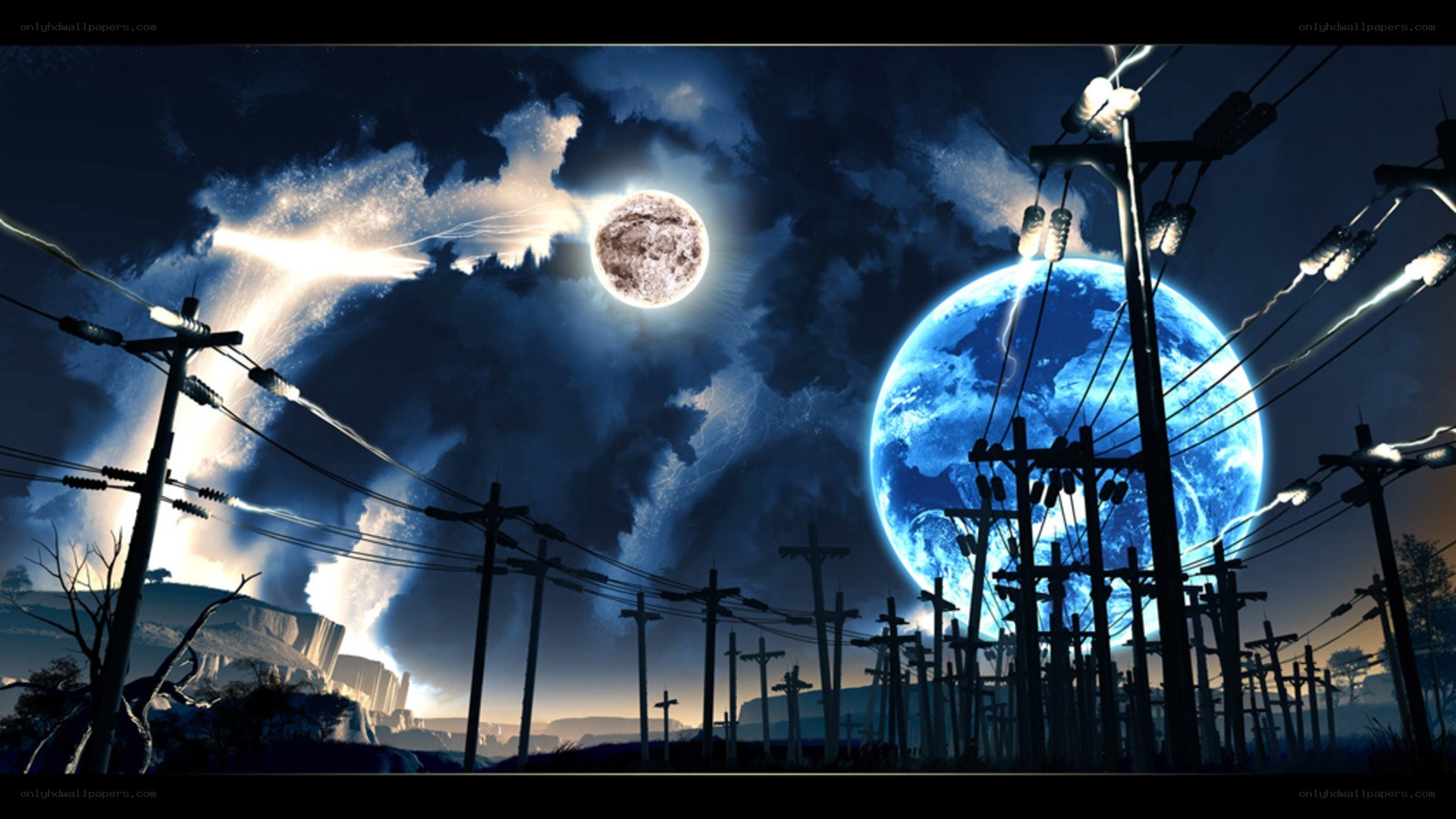 Electric poles under alien sky