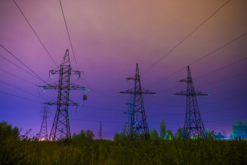 Electricity Pylons at Dusk — Purple
