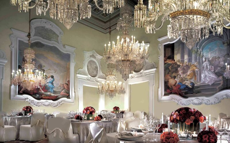 Elegant banquet hall with chandeliers