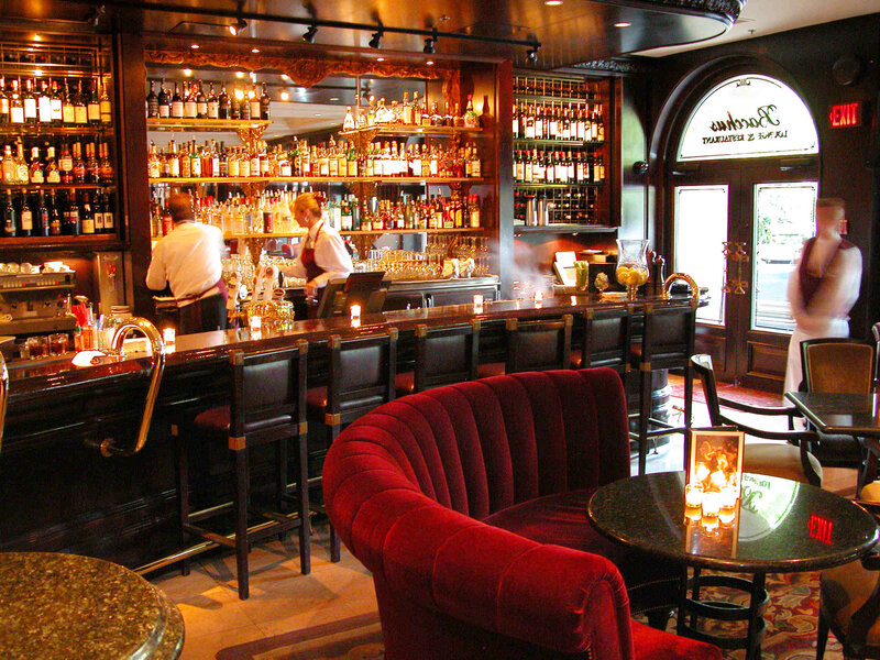 elegant bar interior with red seating