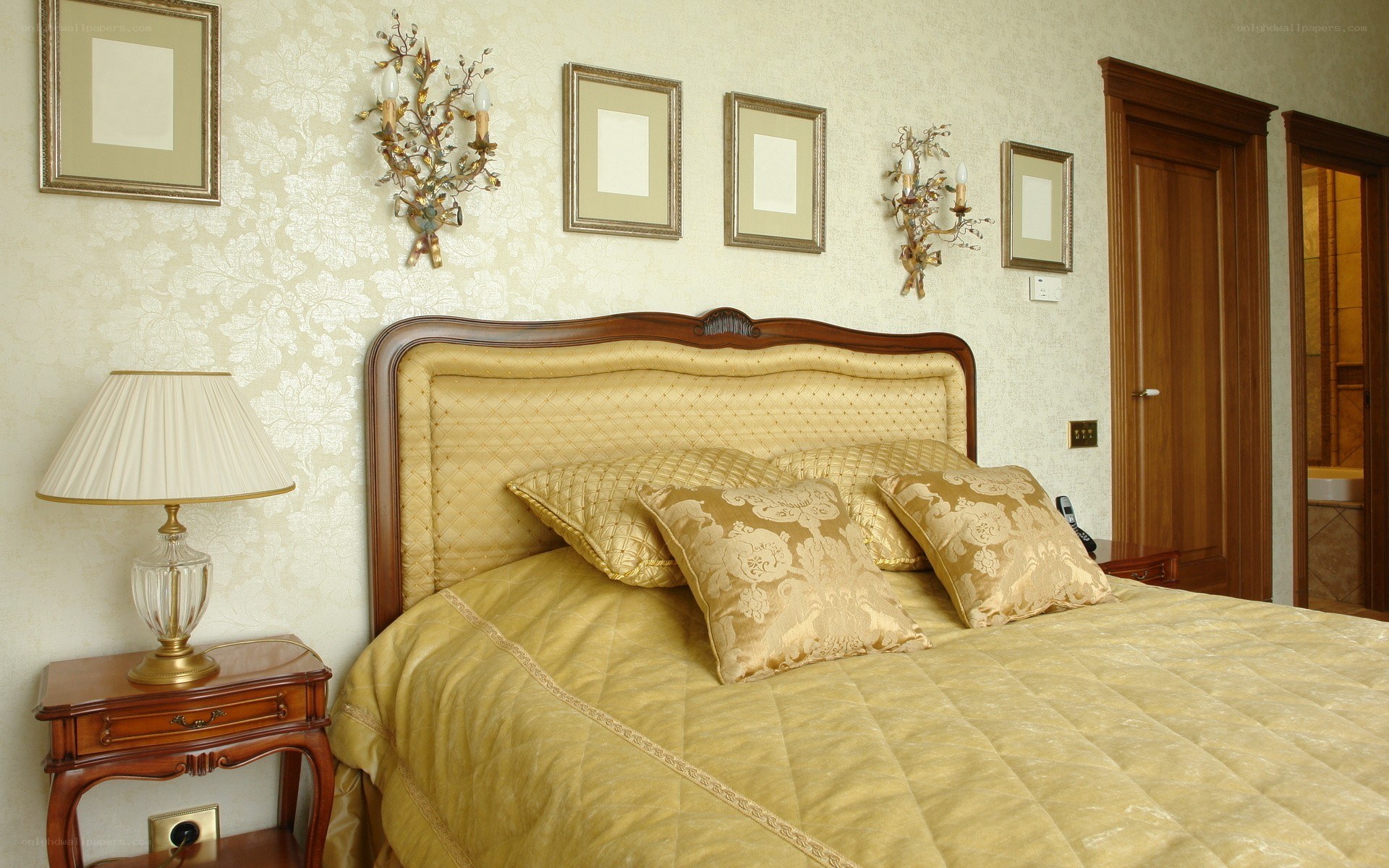 elegant bedroom with gold bedding