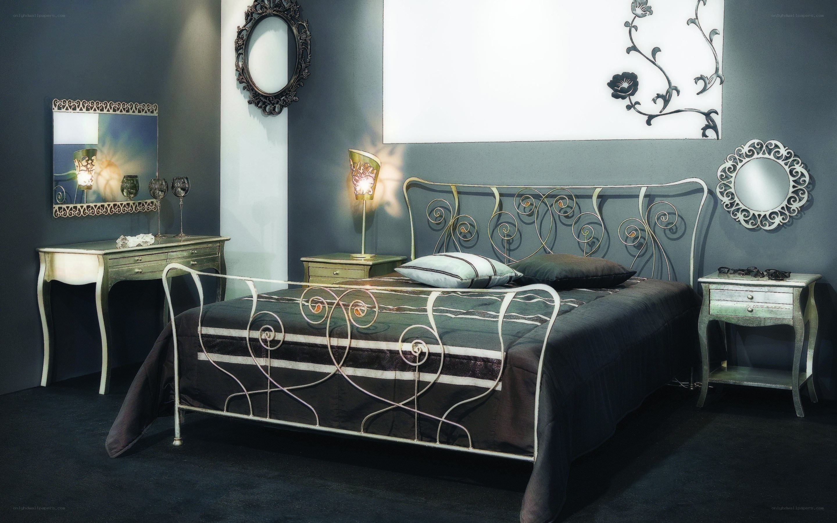 elegant bedroom with metal bed