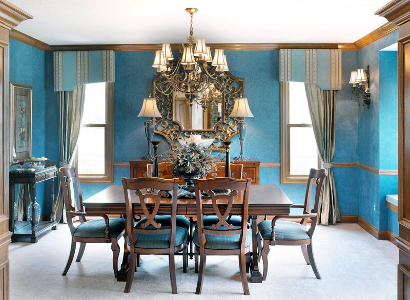 elegant dining room with blue walls
