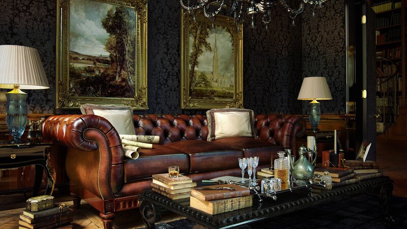 elegant leather sofa in classic living room