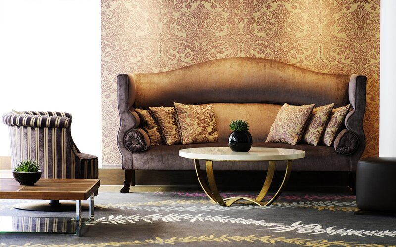Elegant living room with patterned sofa
