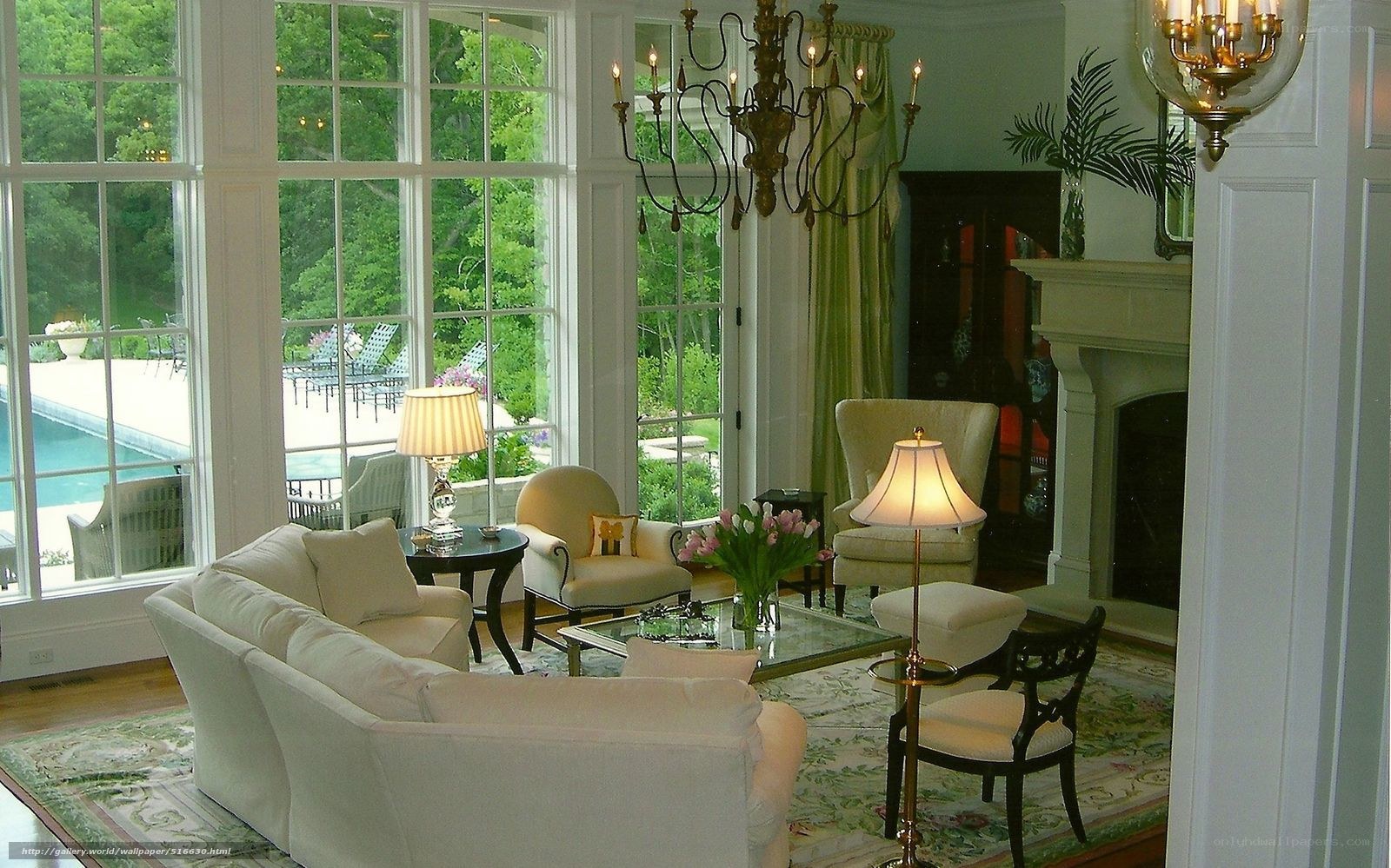 Elegant living room with pool view