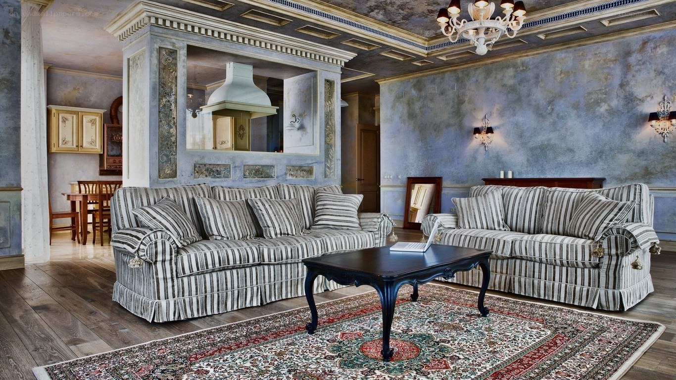 elegant living room with striped sofas