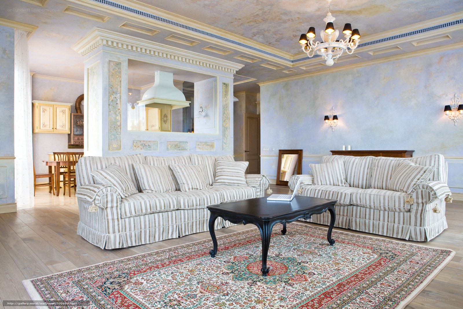 elegant living room with striped sofas
