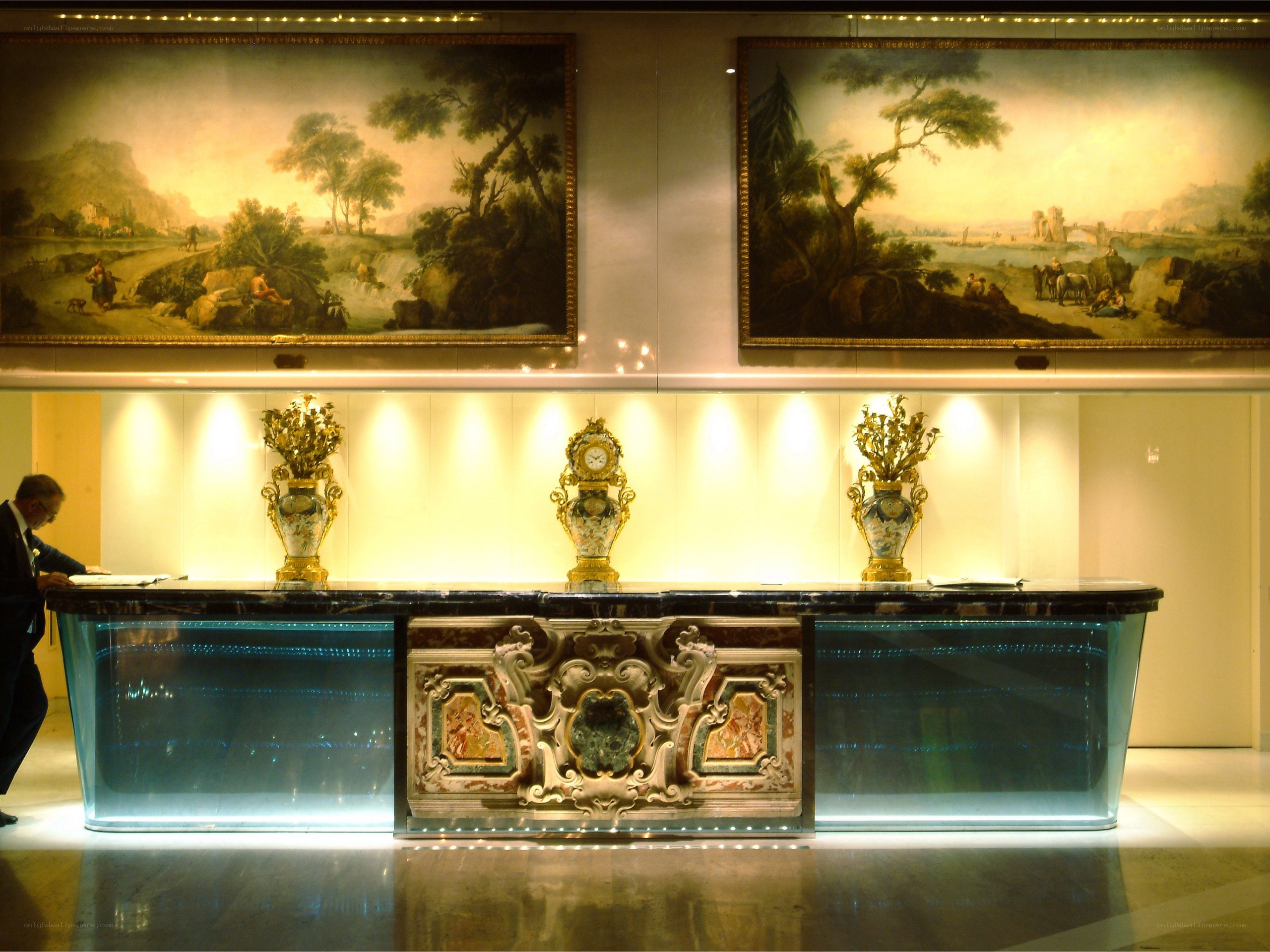 elegant reception desk with art