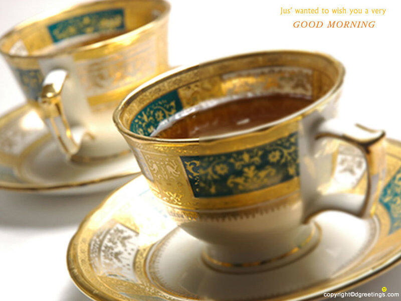 elegant tea cups with morning greeting