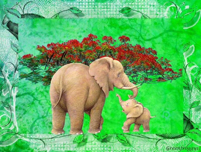 Elephant and Calf — Green, Serene, Illustration
