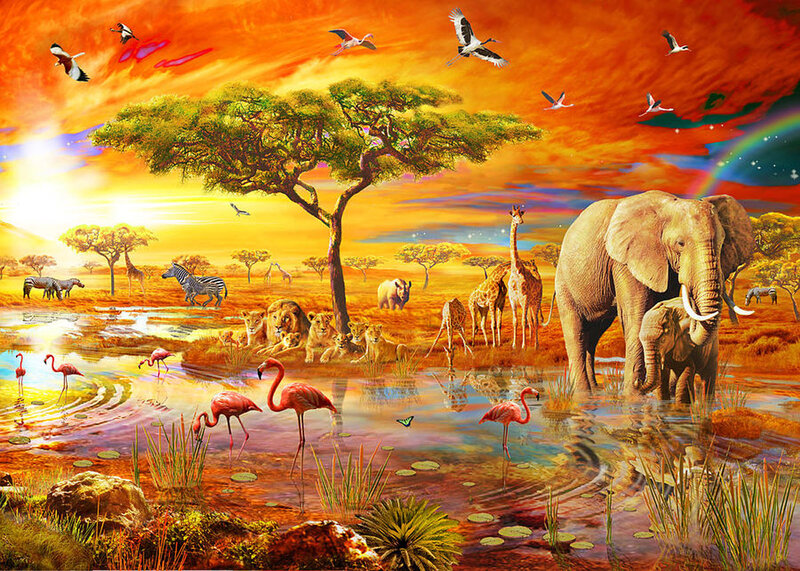 Elephant and Flamingos