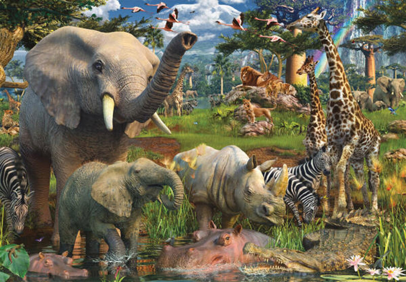Elephant and Giraffe in Savanna — Green