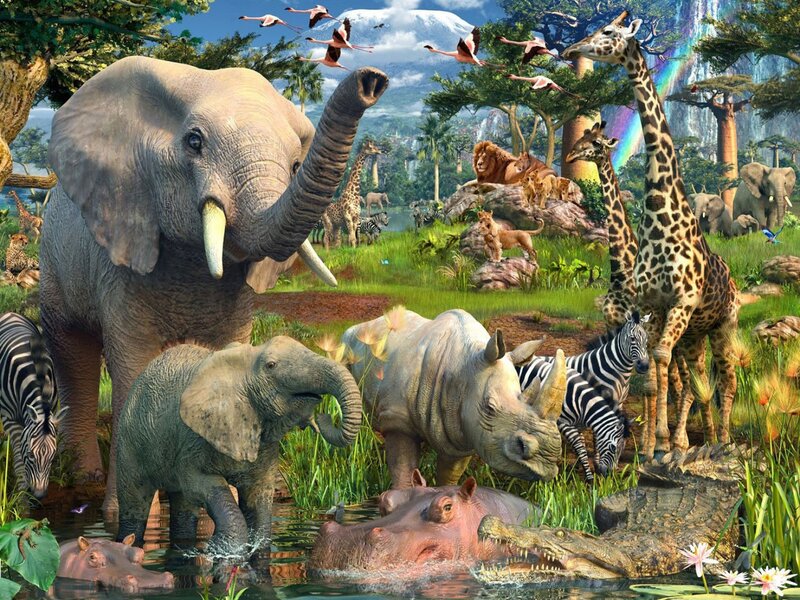 Elephant and Giraffe in Savanna — Green, Vibrant