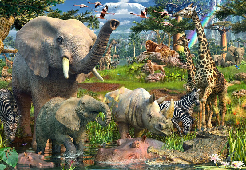 Elephant and Giraffe in Savanna