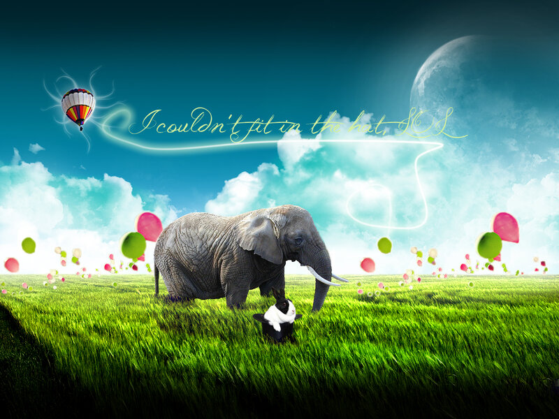 Elephant and rabbit in a dreamy field