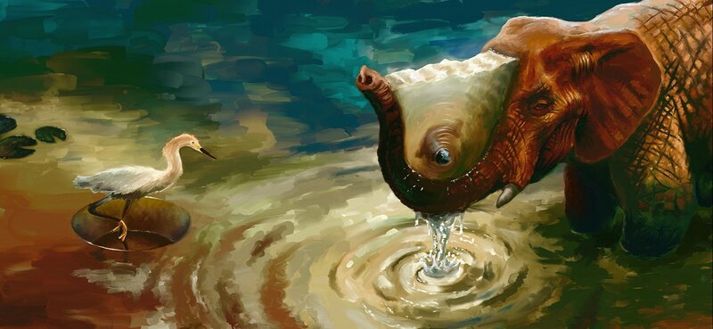 Elephant Drinking Water — Brown