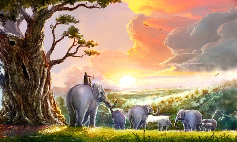 Elephant Herd at Sunset — Green