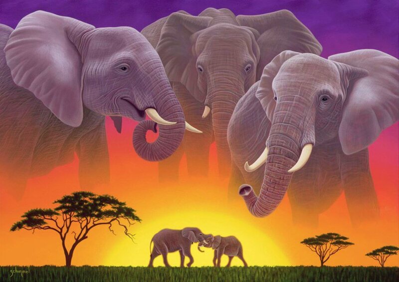 Elephant Herd at Sunset — Purple