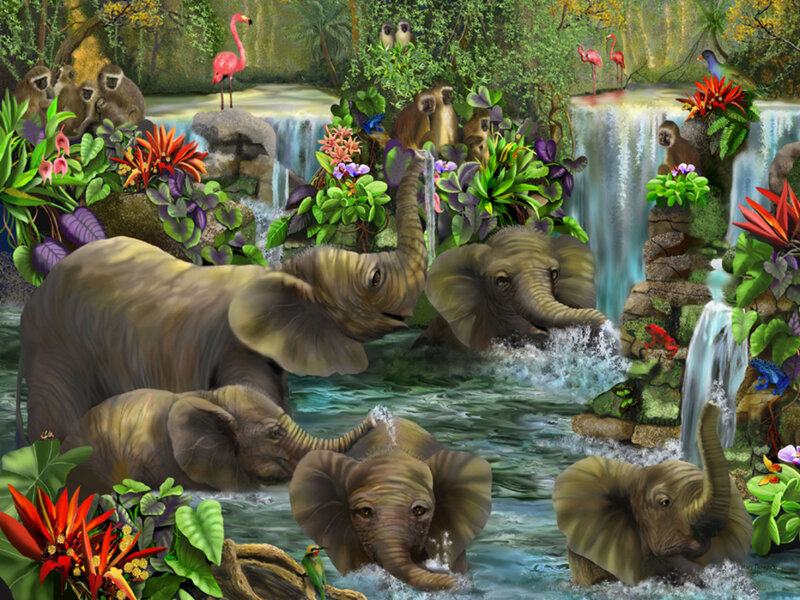 Elephant Herd in River — Green, Lively, Afternoon