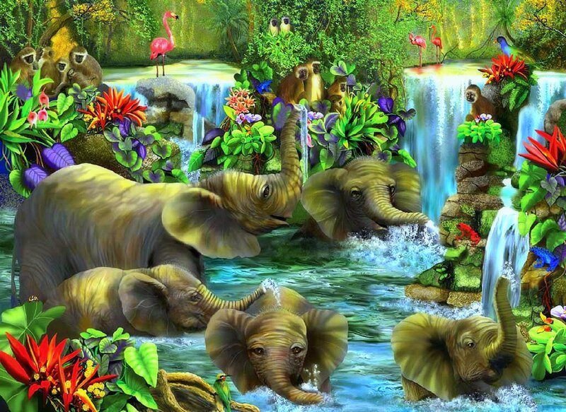 Elephant Herd in River — Green, Lively