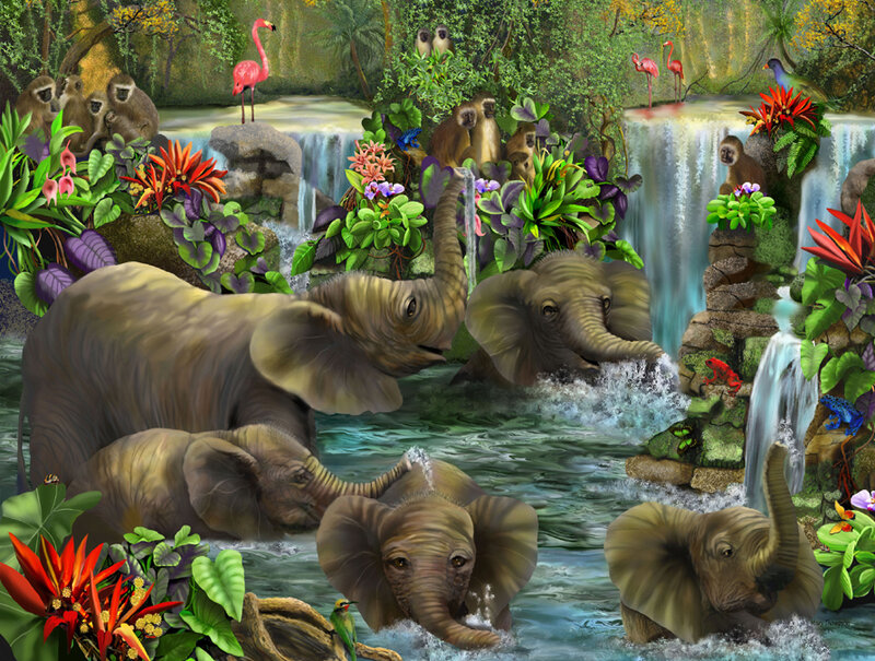 Elephant Herd in River — Green
