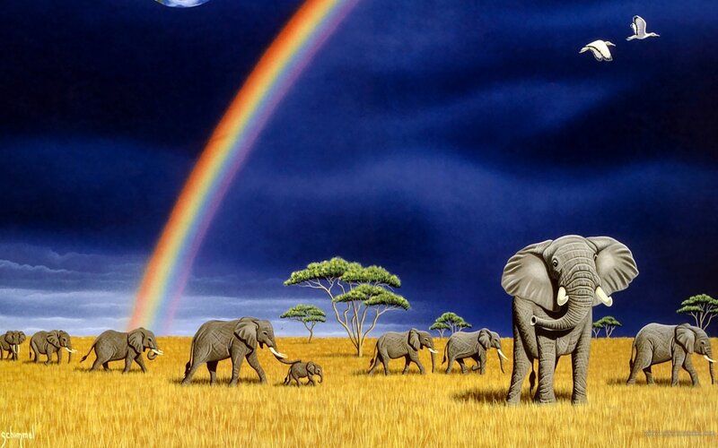 Elephant Herd in Savanna — Blue, Dramatic, Night, Illustration