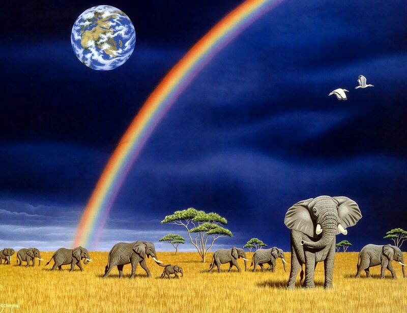 Elephant Herd in Savanna — Blue, Dramatic, Night