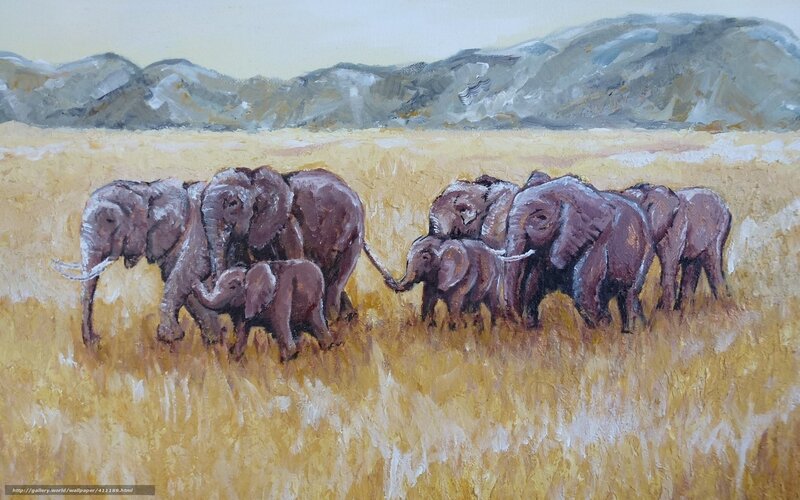 Elephant Herd in Savanna — Brown, Serene, Afternoon, Painting