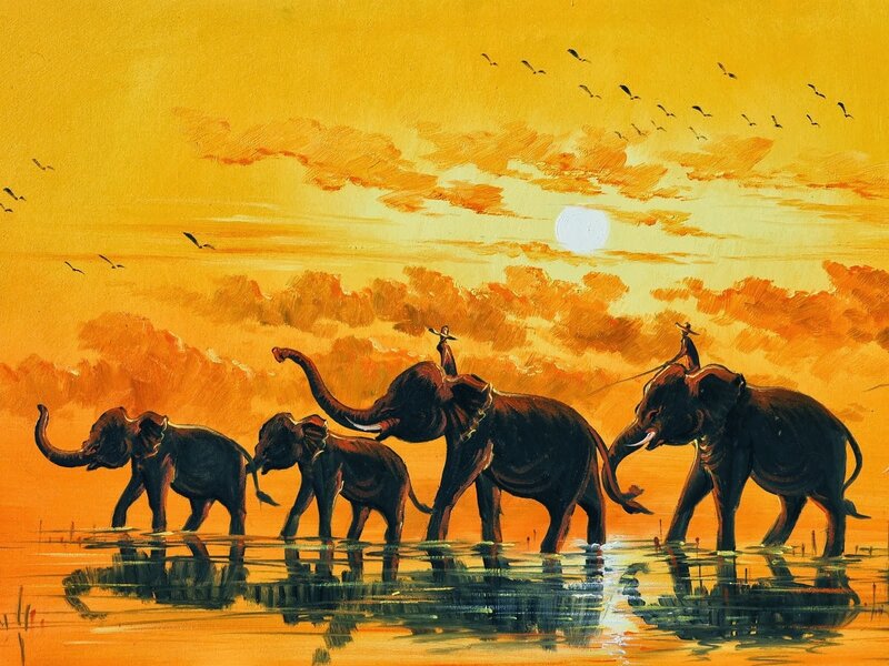 Elephant Herd in Water — Yellow