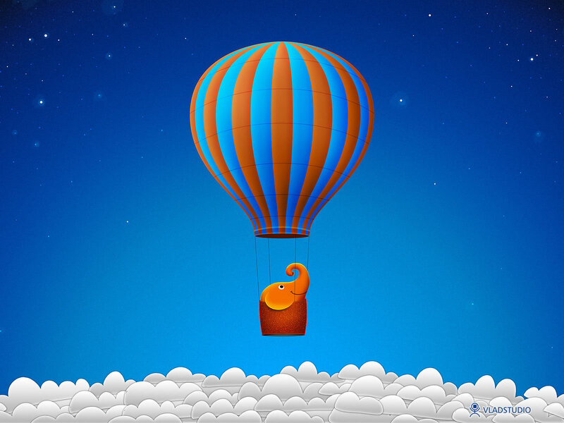 Elephant in Hot Air Balloon — Blue, Serene, Night
