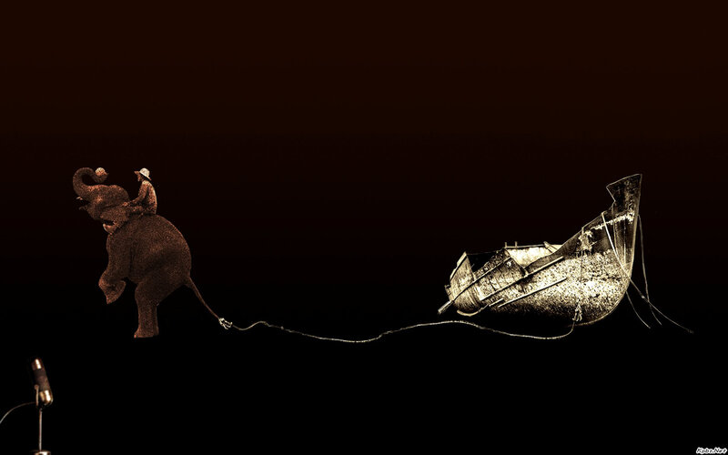 elephant pulling boat with microphone