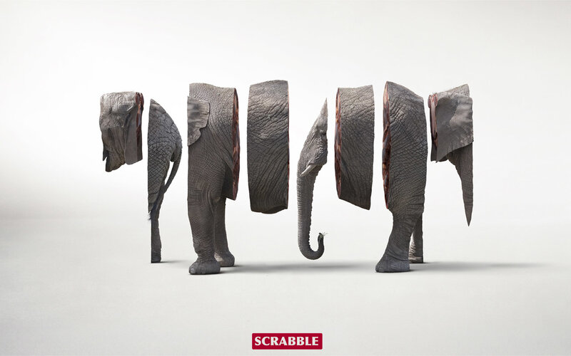 Elephant sliced into Scrabble pieces