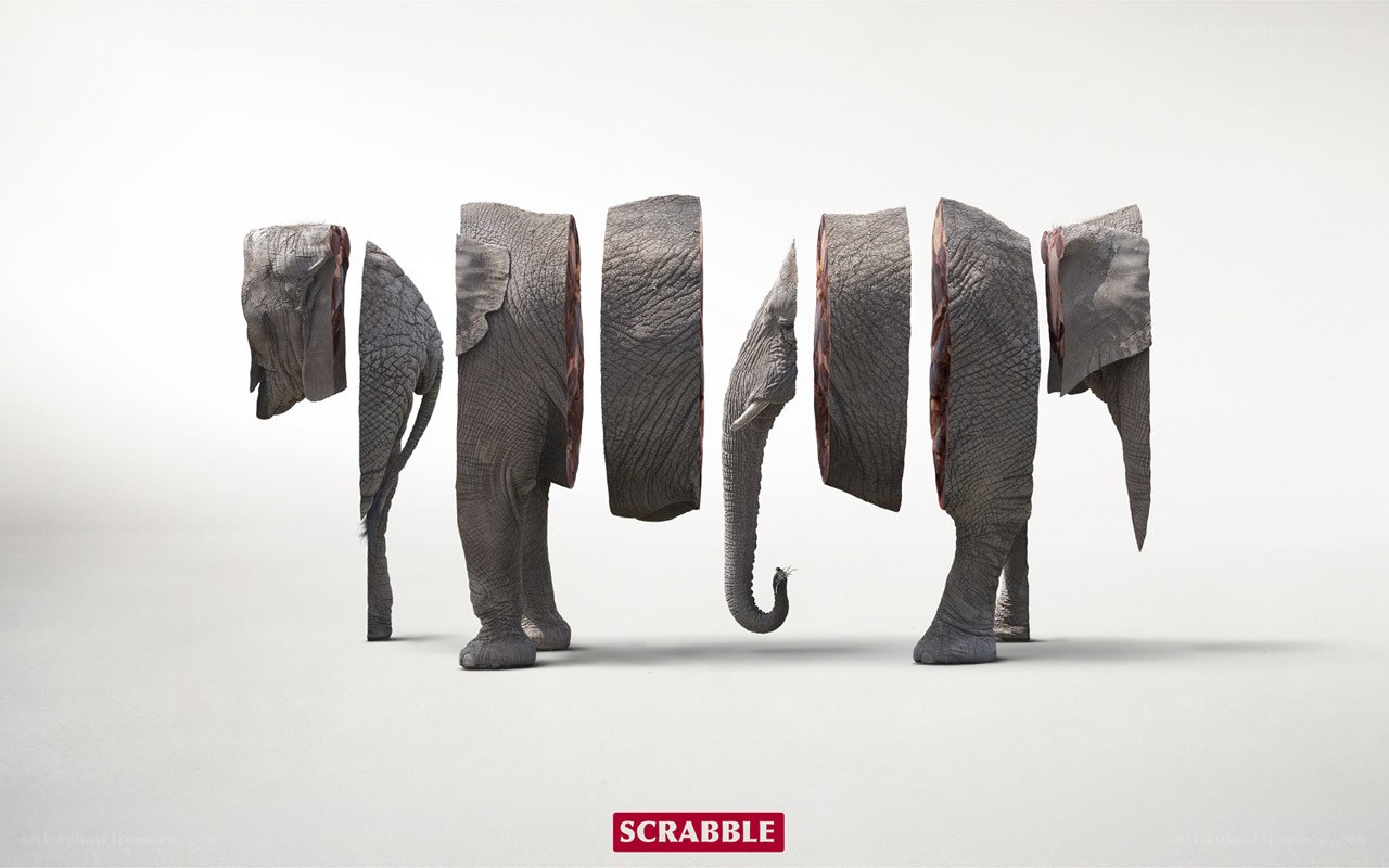 Elephant sliced into Scrabble pieces