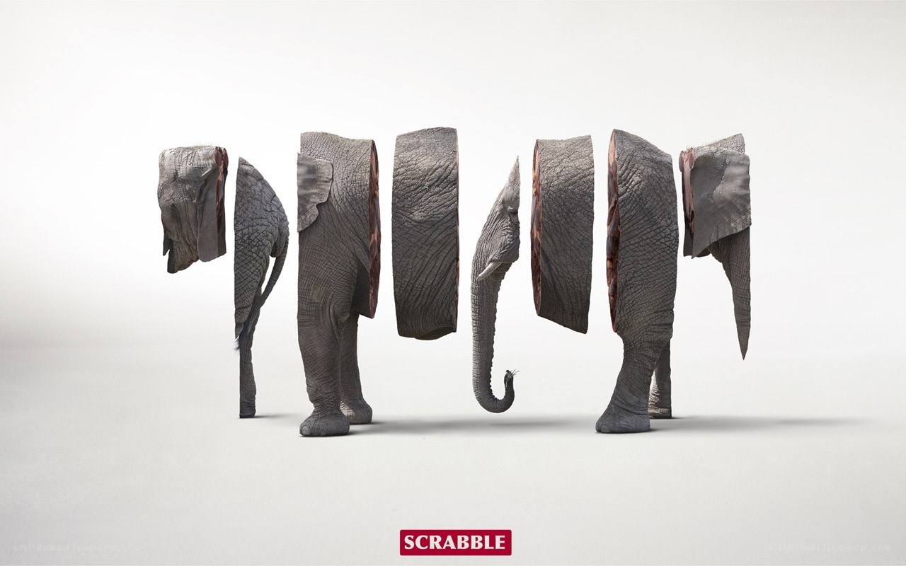 Elephant sliced into Scrabble tiles