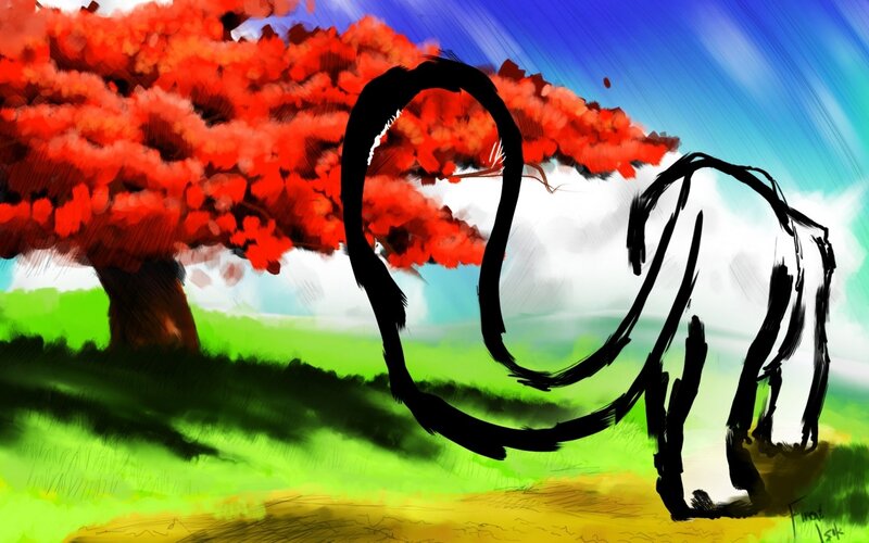 Elephant under a red tree