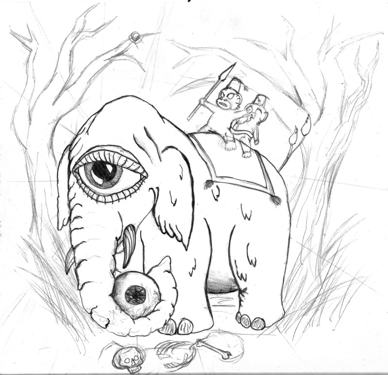 elephant with eyes and warriors