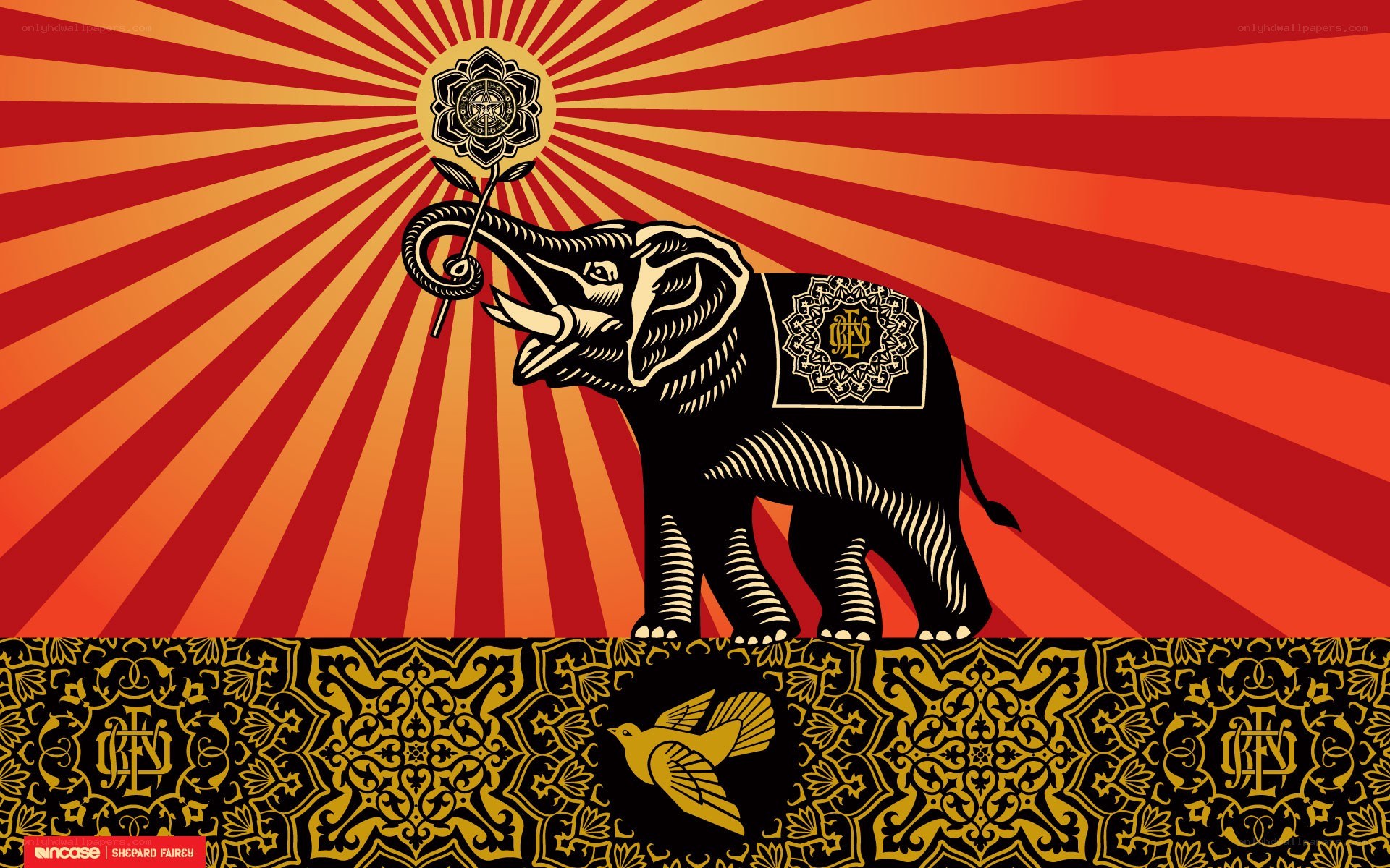 Elephant with rose and sunburst