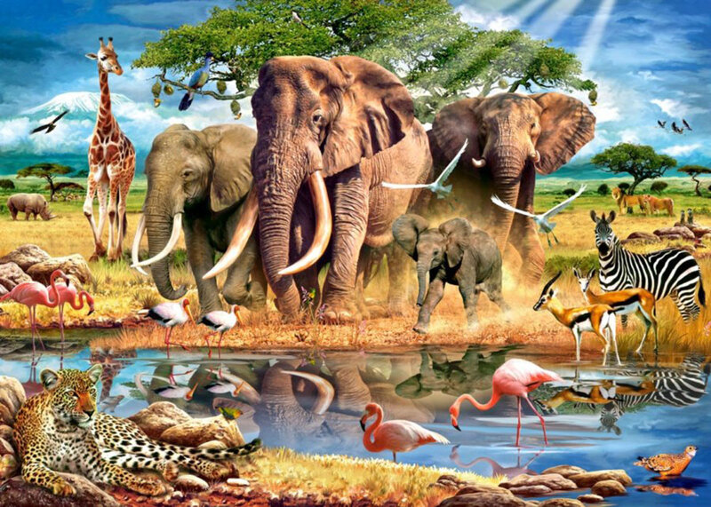 Elephants at Watering Hole — Blue, Serene