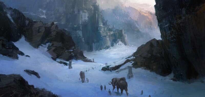 Elephants in Snowy Valley