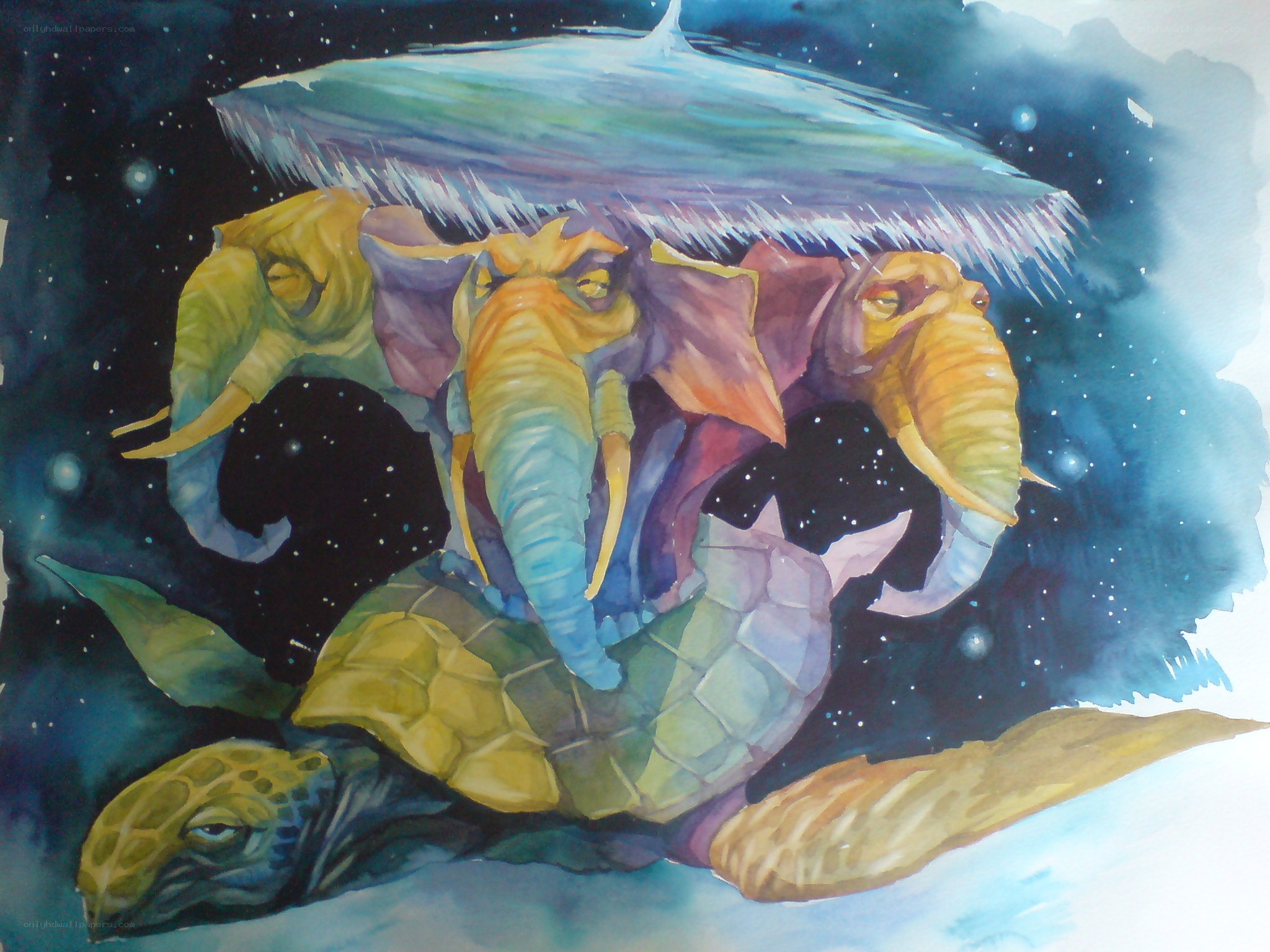 elephants on a turtle in space